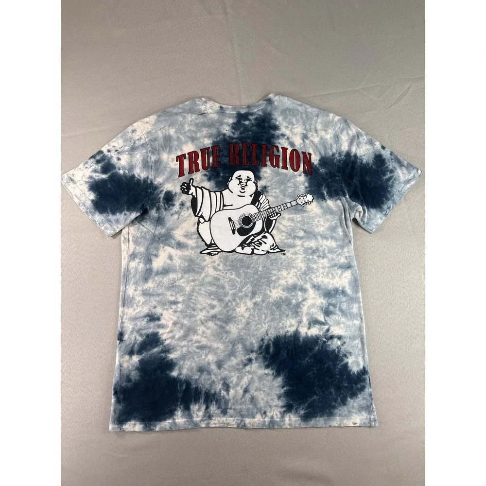 True Religion Buddha World Tour Tie Dye T-Shirt Mens M Blue Crew Neck Horseshoe